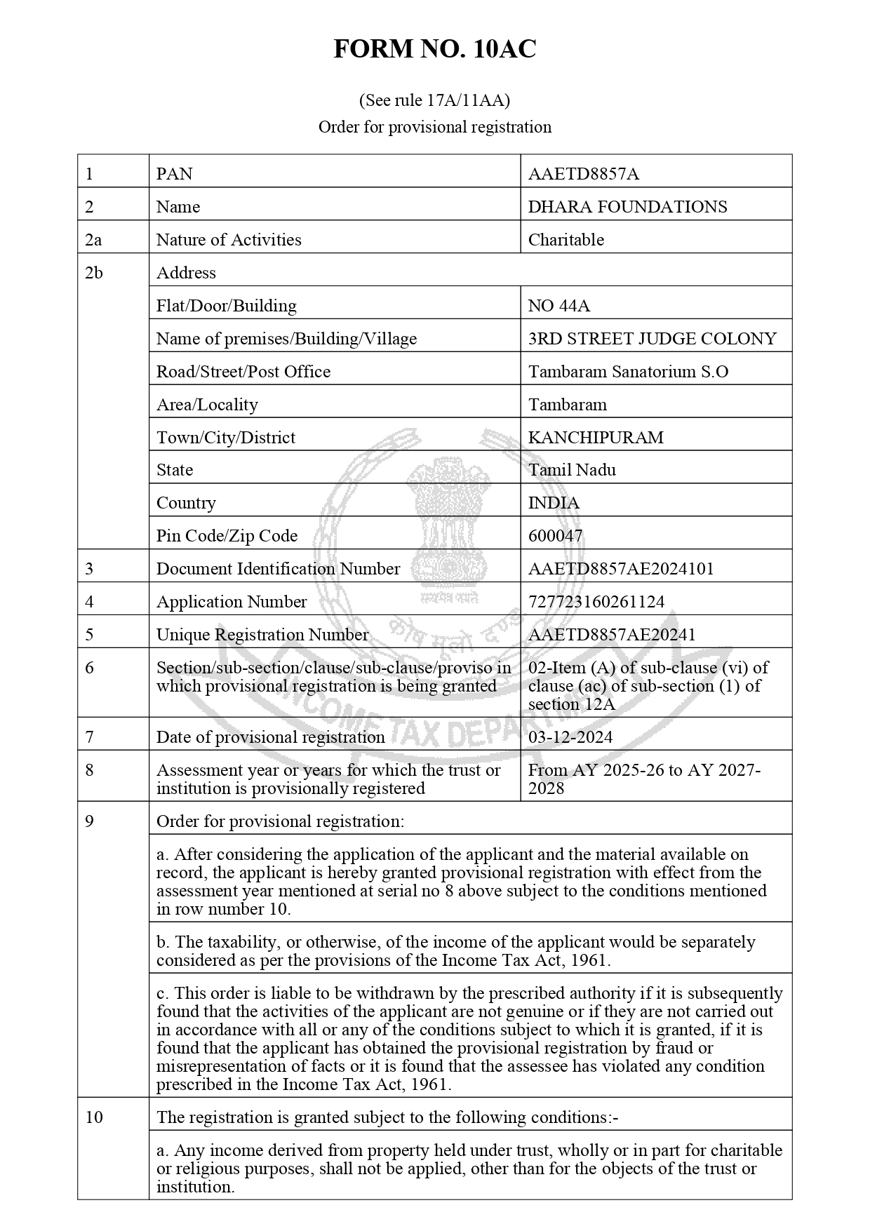 Dhara Foundation – Registrations & Certifications