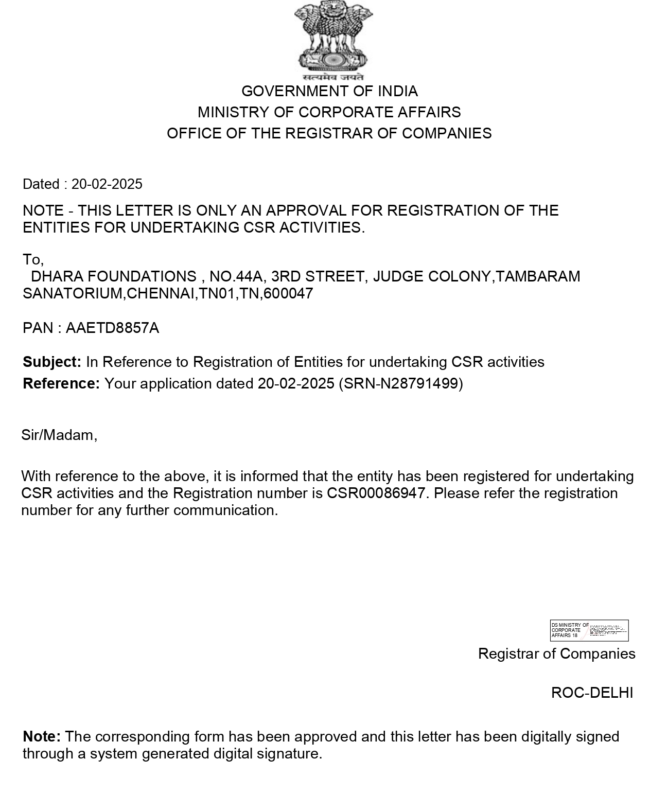 Dhara Foundation – Registrations & Certifications